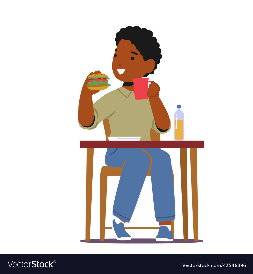 Little african boy eating burger and drink tea Vector Image