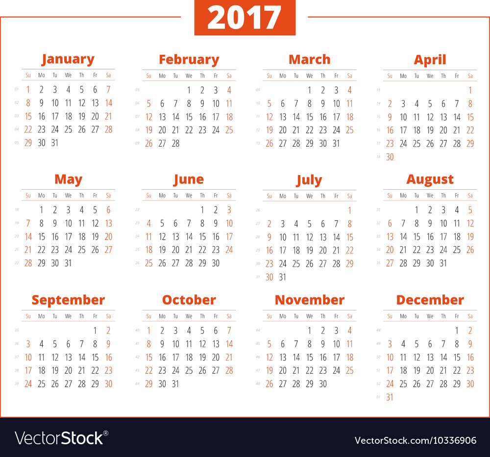 Calendar for 2017 year on white background design Vector Image