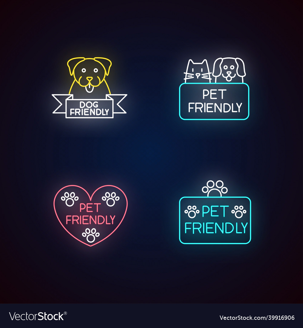 Pet friendly service neon light icons set