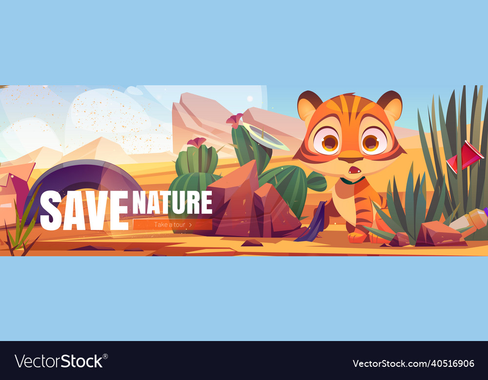 Save nature cartoon web banner funny tiger cub Vector Image Save nature cartoon web banner funny tiger cub Vector Image