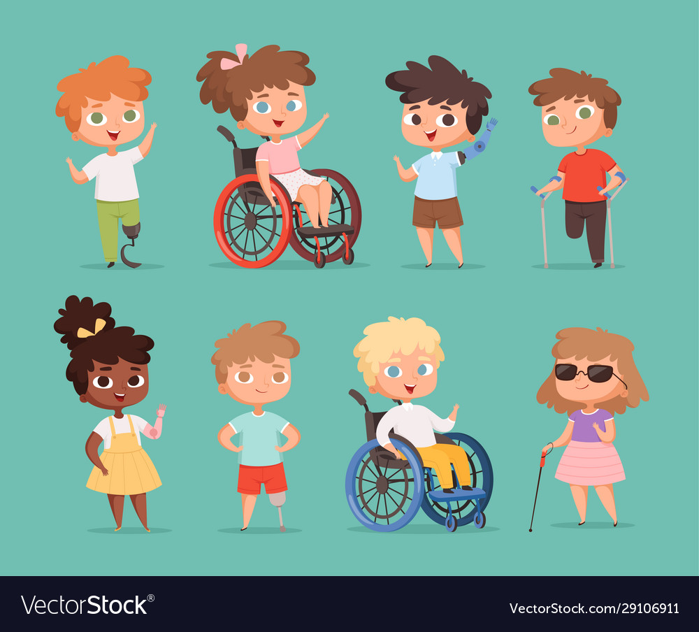 Disability children kids sitting in wheelchairs Vector Image