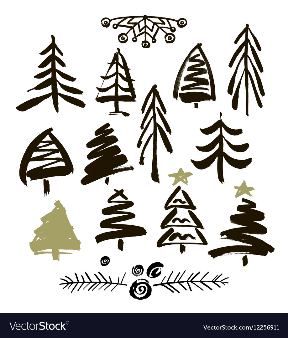 Hand drawn grunge christmas trees ink painting Vector Image