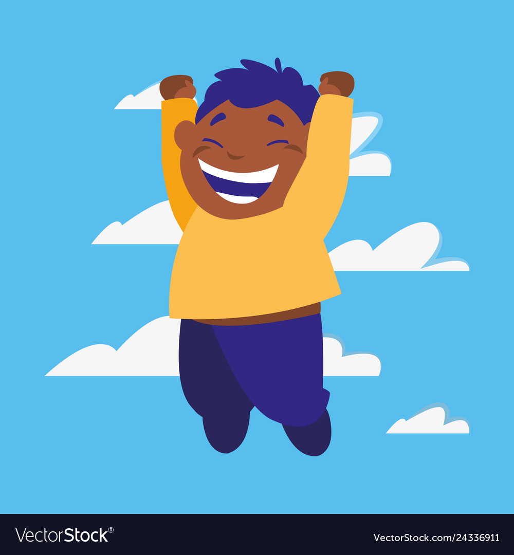 Happy boy jumping clouds background Royalty Free Vector