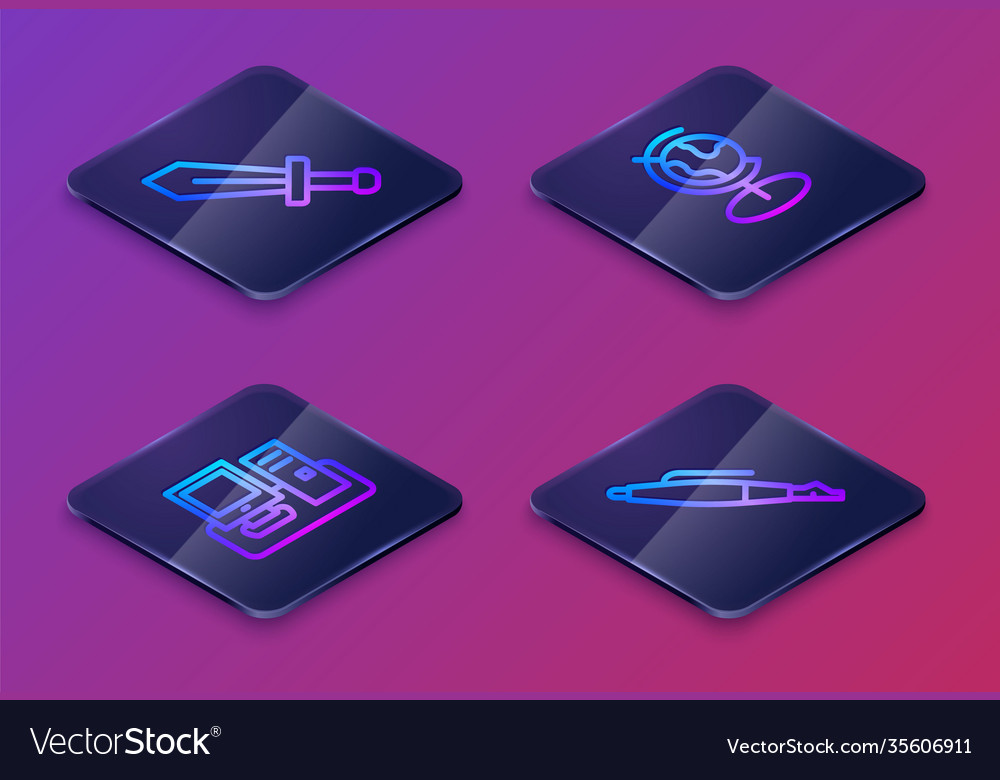 Set isometric line sword for game monitor vector image Set isometric line sword for game monitor