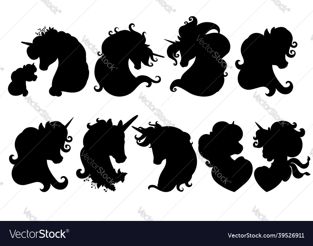 Set of black silhouettes of unicorns heads Vector Image