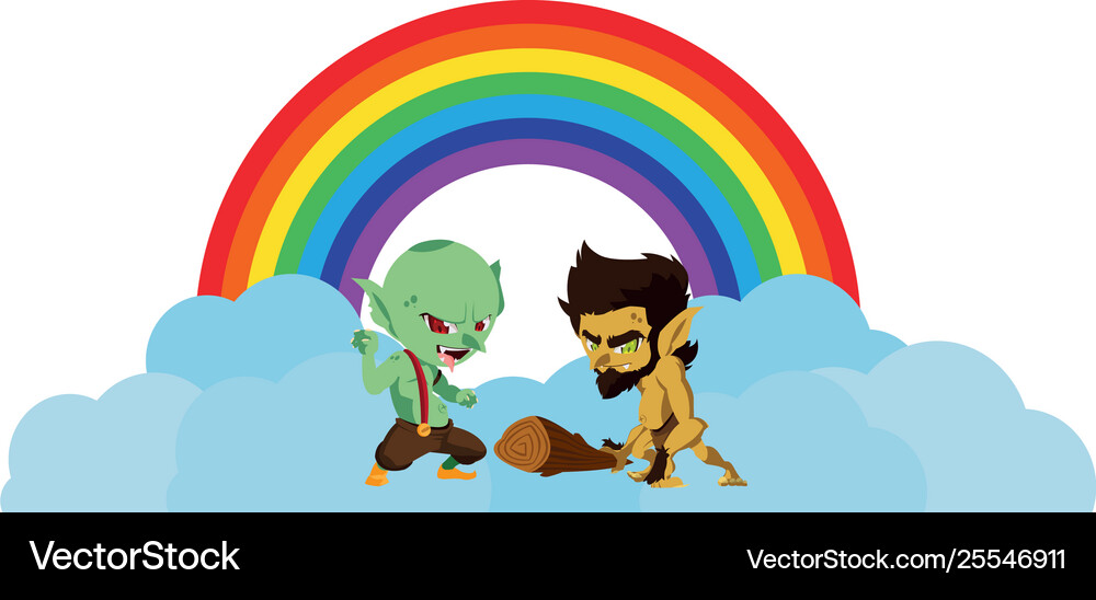 Ugly troll with caveman gnome and rainbow Vector Image
