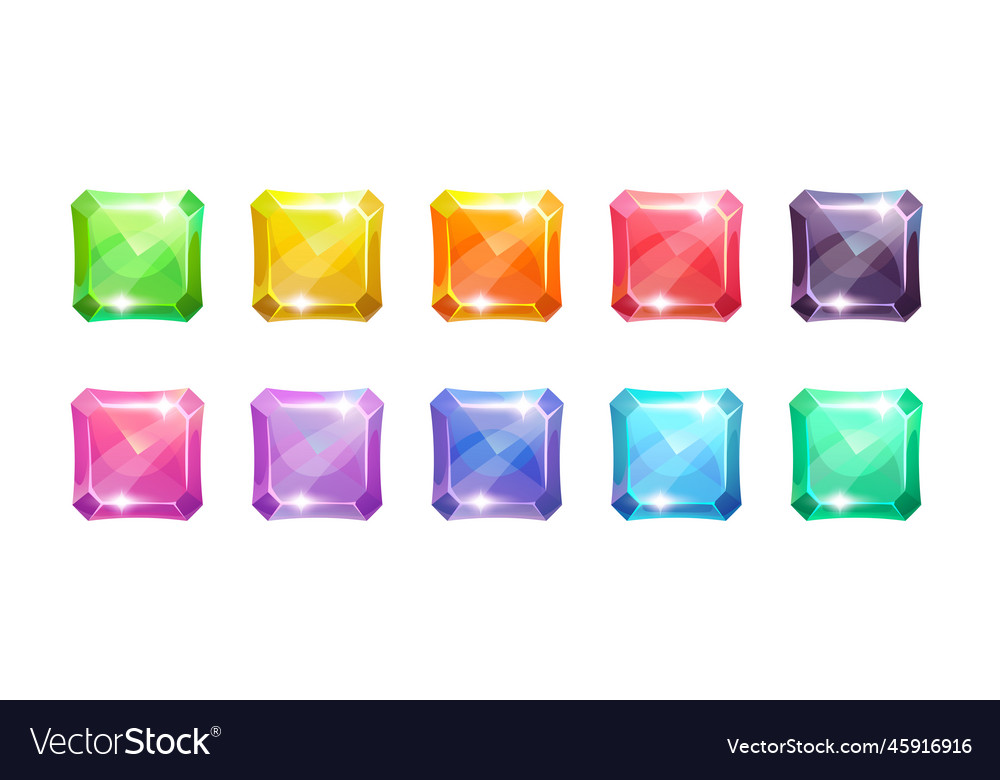Set of colorful square crystal buttons for games vector image Set of colorful square crystal buttons for games