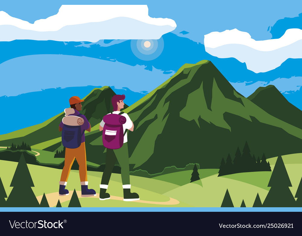 Abenteuerliche Männer mit Reisetasche in den Bergen vector image Abenteuerliche Männer mit Reisetasche in den Bergen