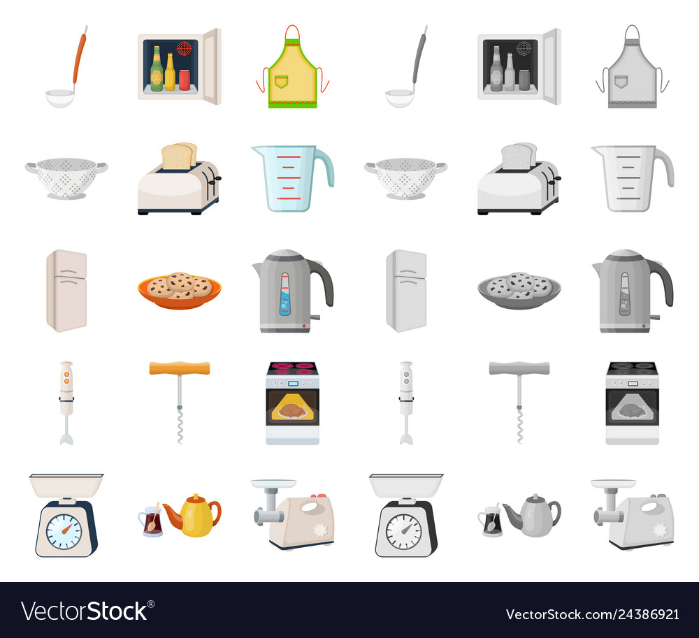 Kitchen equipment cartoonmono icons in set Vector Image Kitchen equipment cartoonmono icons in set