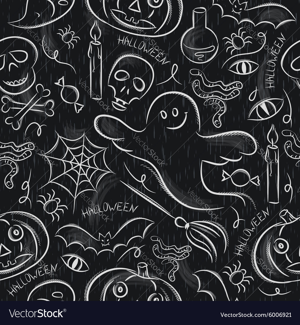 Seamless pattern with halloween objects on blackbo