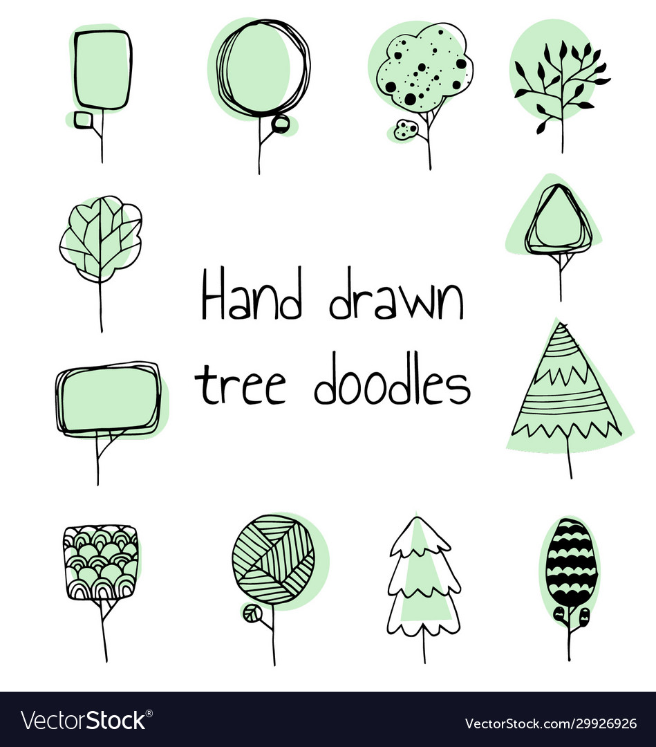 Tree doodle set with a green background