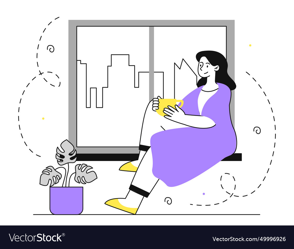 Woman sitting at windowsill linear