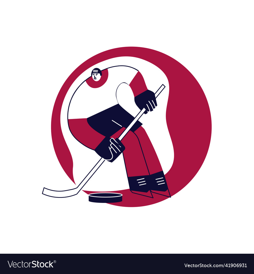 Round red template with male hockey player