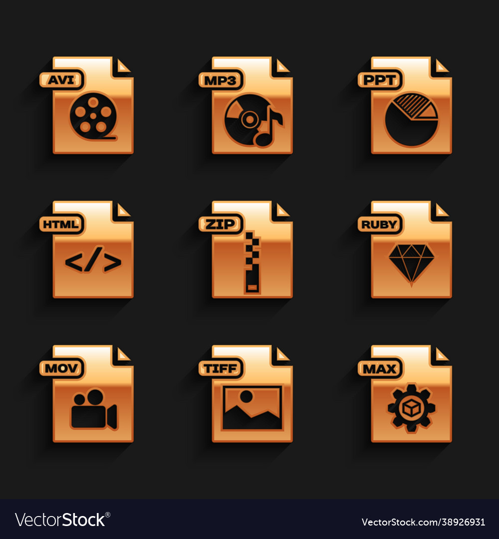 Set zip file document tiff max ruby mov html vector image Set zip file document tiff max ruby mov html