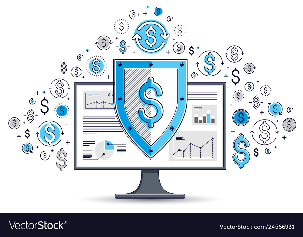 Shield over computer monitor and dollar set vector image Shield over computer monitor and dollar set
