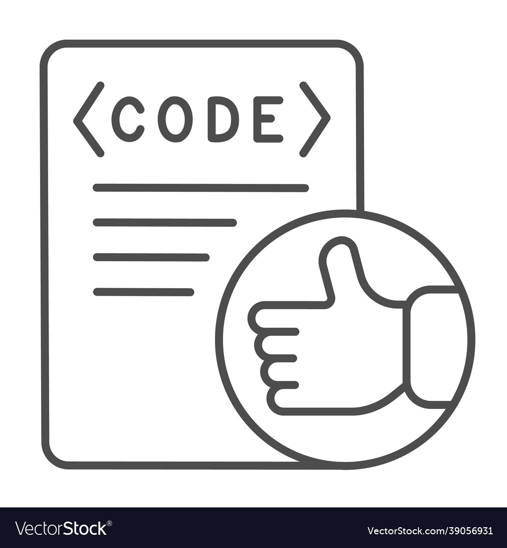 Thumbs up on code file coding well done thin line vector image Thumbs up on code file coding well done thin line