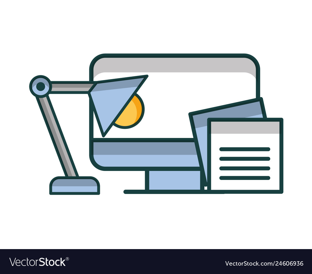 Computer desktop with lamp and document