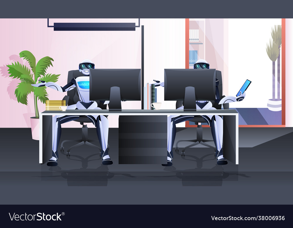 Robots sitting at workplace robotic vector image Robots sitting at workplace robotic
