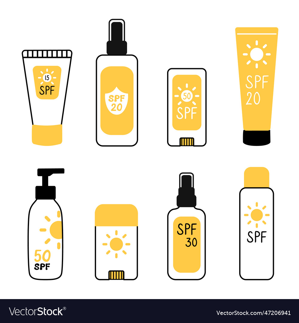 Collection of sunscreen products in doodle cartoon