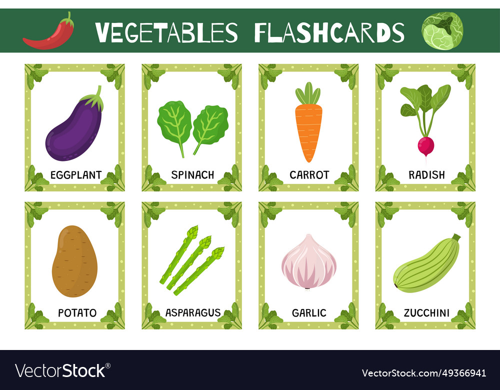 Vegetables flashcards set Royalty Free Vector Image