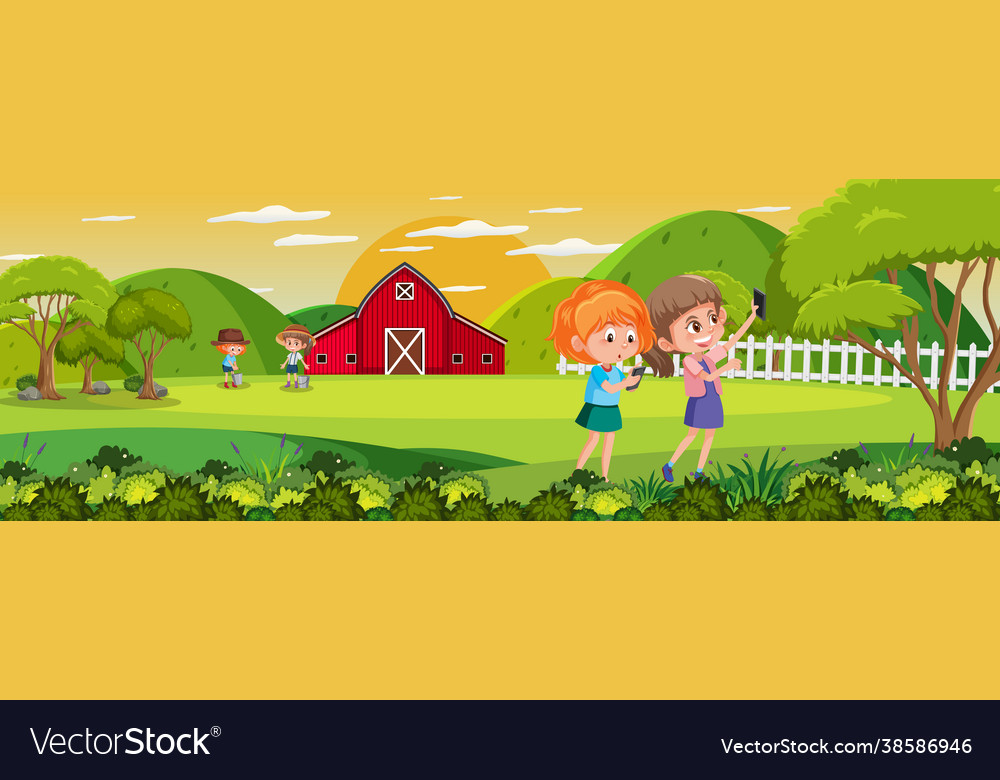 Farm horizontal landscape scene with kids cartoon vector image Farm horizontal landscape scene with kids cartoon