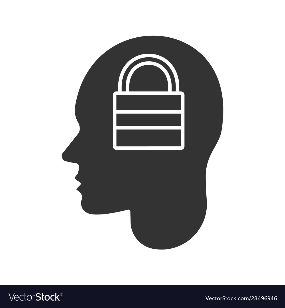 Human head with closed padlock inside glyph icon