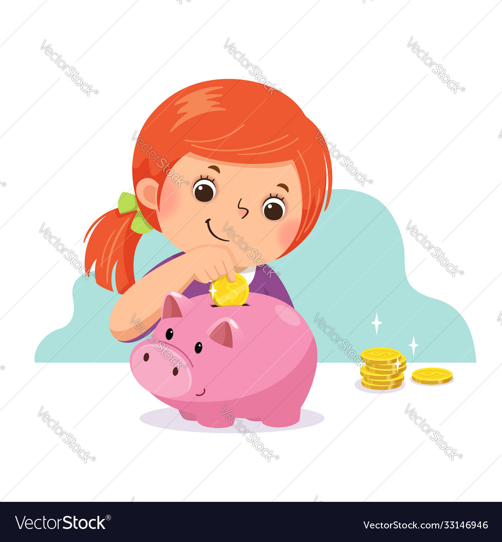 Little girl putting coin into piggy bank Vector Image