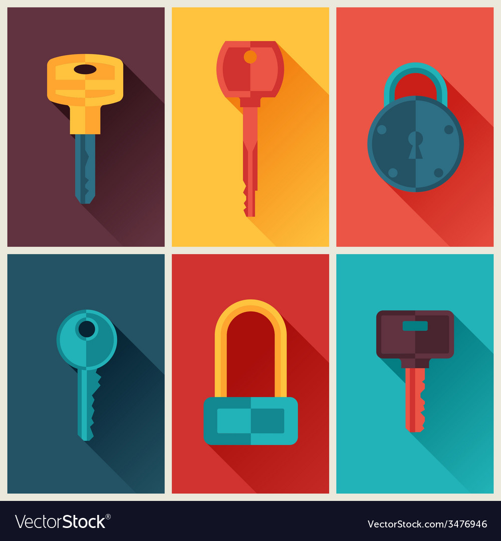 Locks and keys icons set in flat style