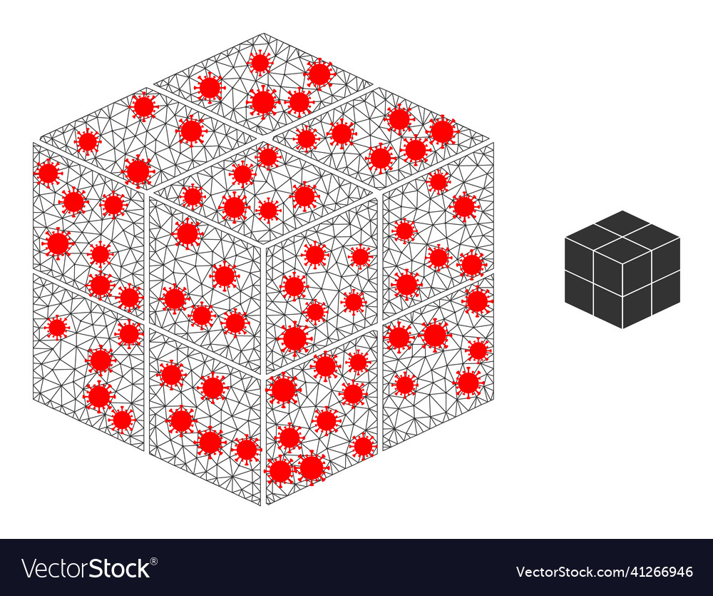 Polygonal network 3d cube icon with virus elements