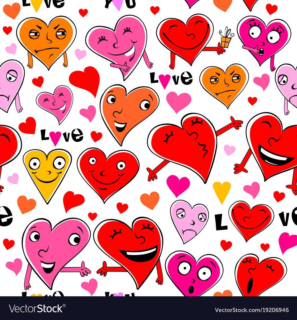 Seamless pattern with funny cartoon hearts Vector Image