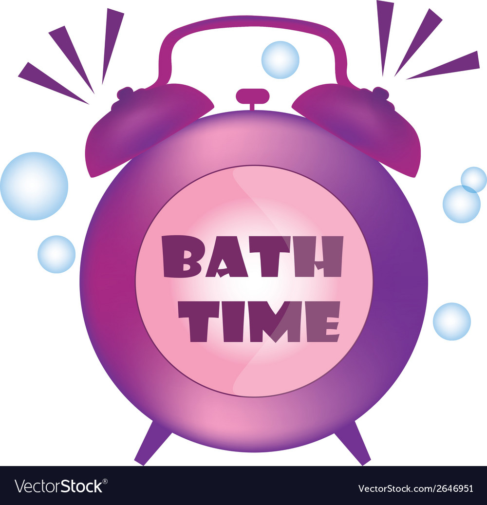 A purple bath time clock with some bubbles