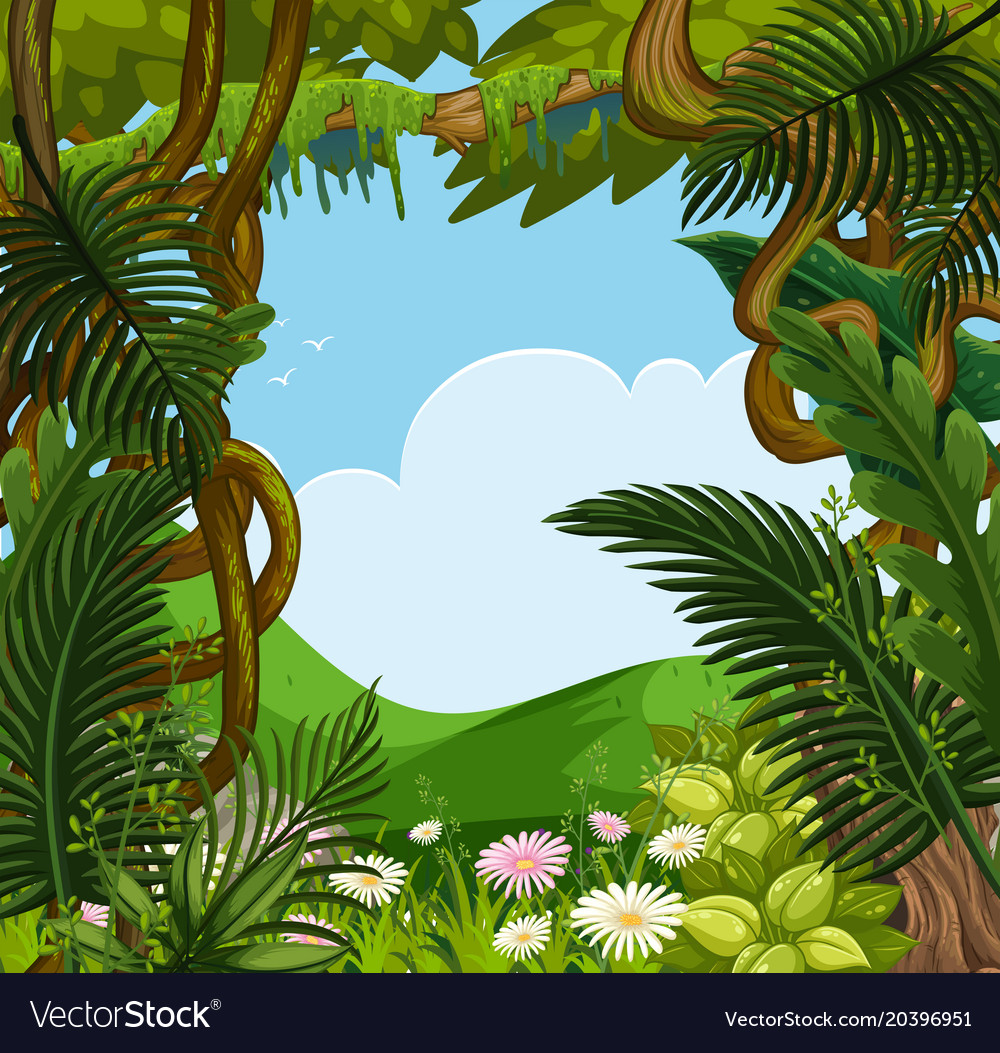 Background scene with flowers and trees in forest