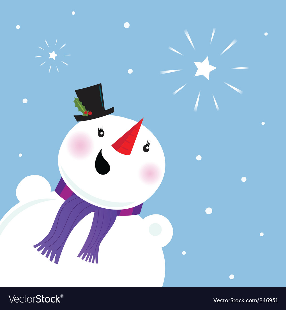 Happy snowman looking at snow