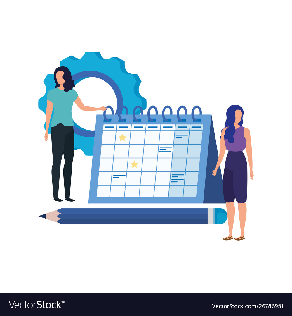 Young women with calendar characters Royalty Free Vector