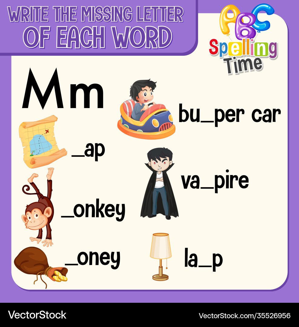 Fill missing letter each word worksheet Royalty Free Vector