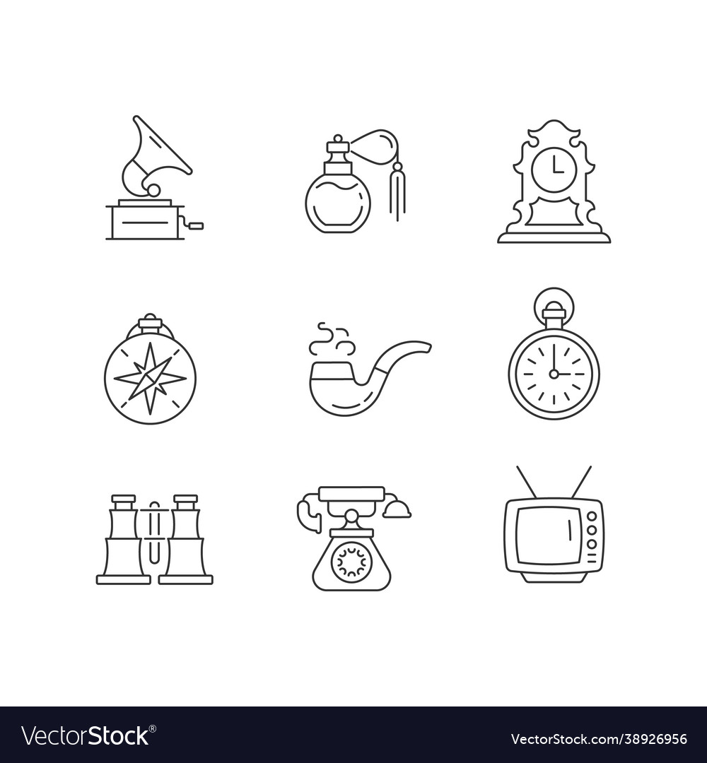 Retro items linear icons set