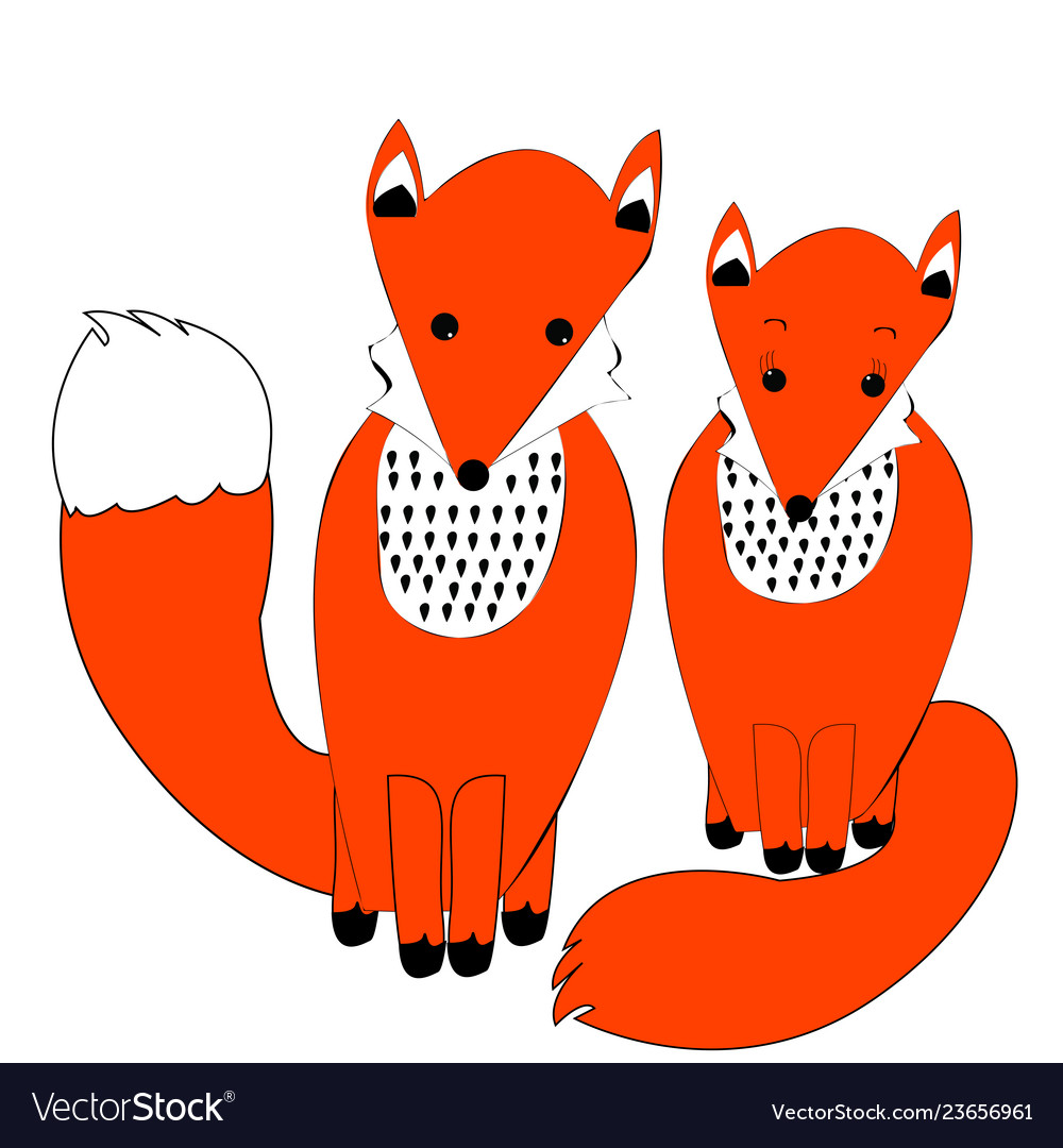 Cute couple of foxes in simple doodle style