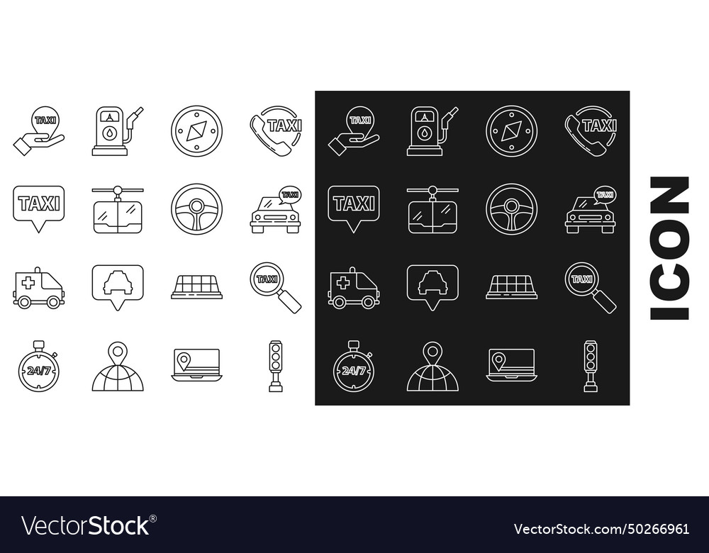 Set line traffic light magnifying glass and taxi