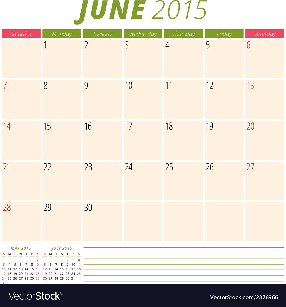 Calendar planner 2015 template week starts sunday Vector Image