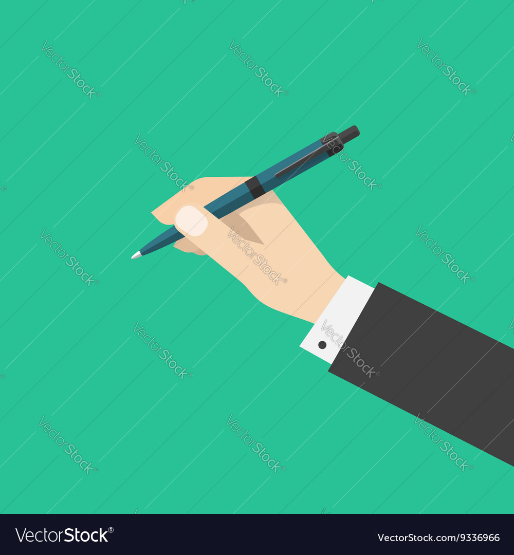 Hand holding pen isolated on green color Vector Image