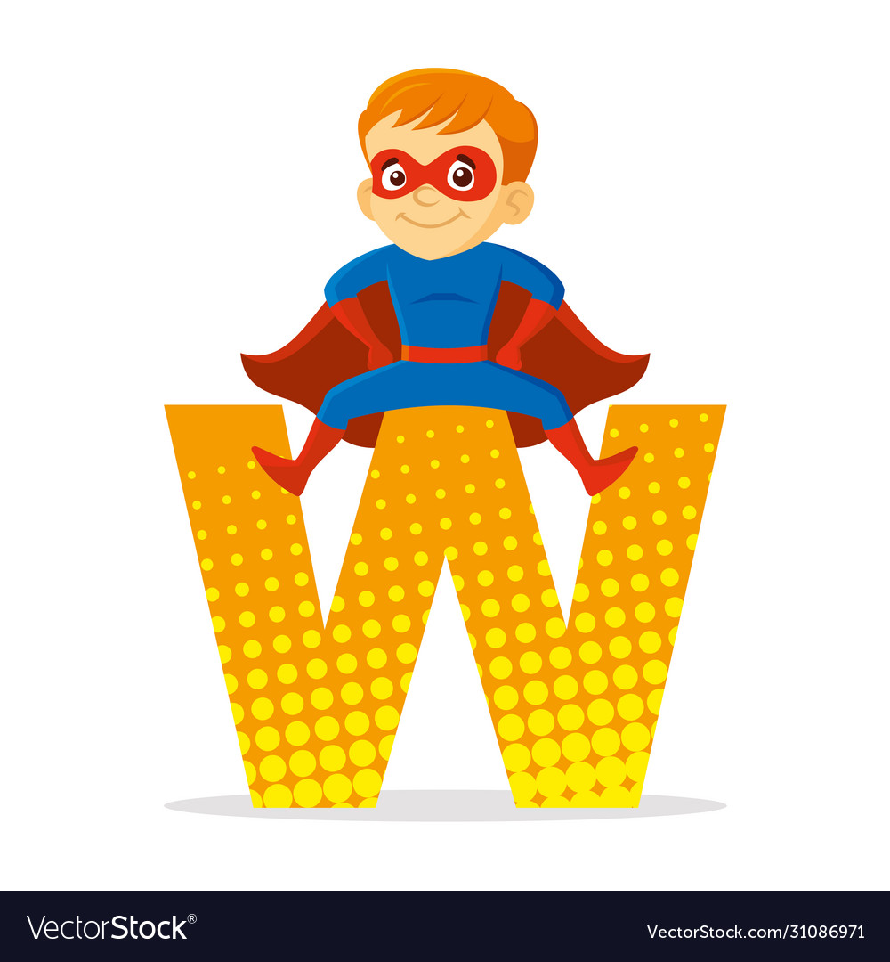 Abc letter w superhero boy cartoon character