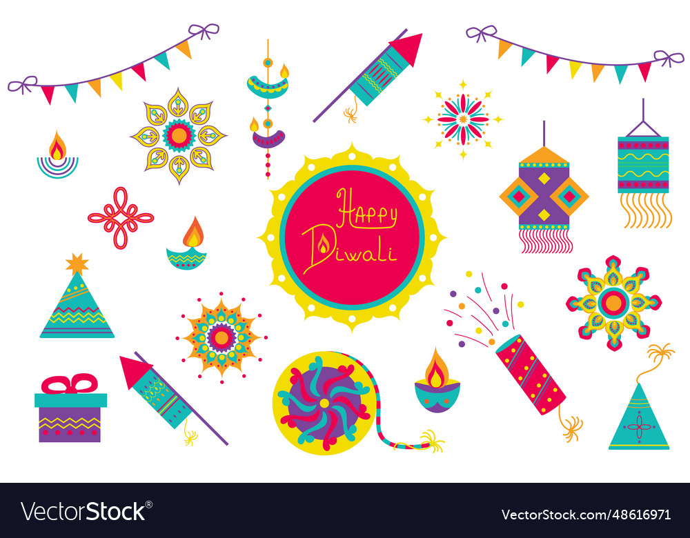 Diwali festival isolated elements set in flat Vector Image