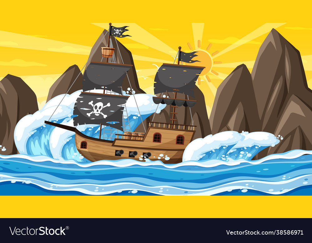 Ocean with pirate ship at sunset time scene