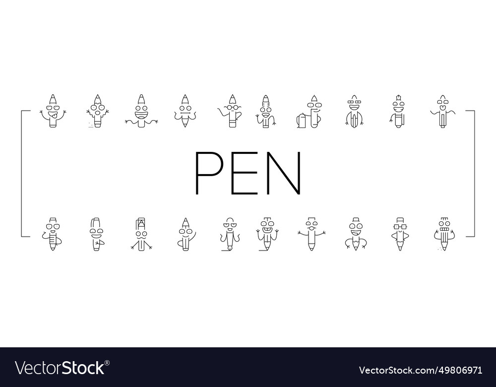 Pen character pencil school icons set