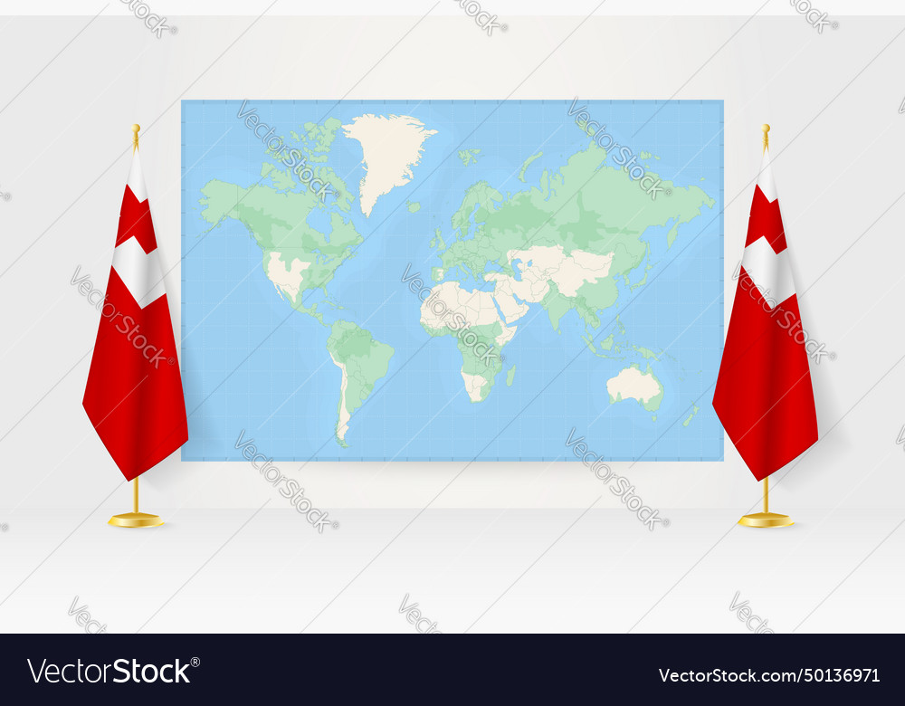 World map between two hanging flags of tonga flag