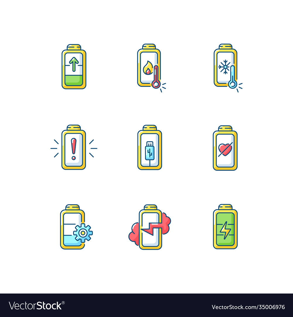 Battery problems rgb color icons set vector image Battery problems rgb color icons set