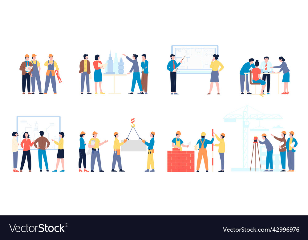 Builders characters workers and builder Royalty Free Vector