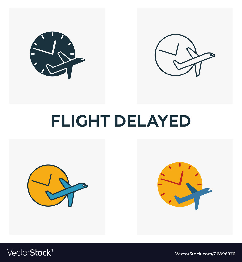 Flight delayed icon set four elements in different