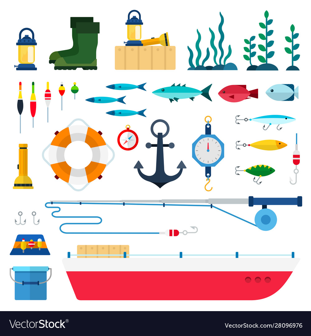 Set fishing tools icons flat