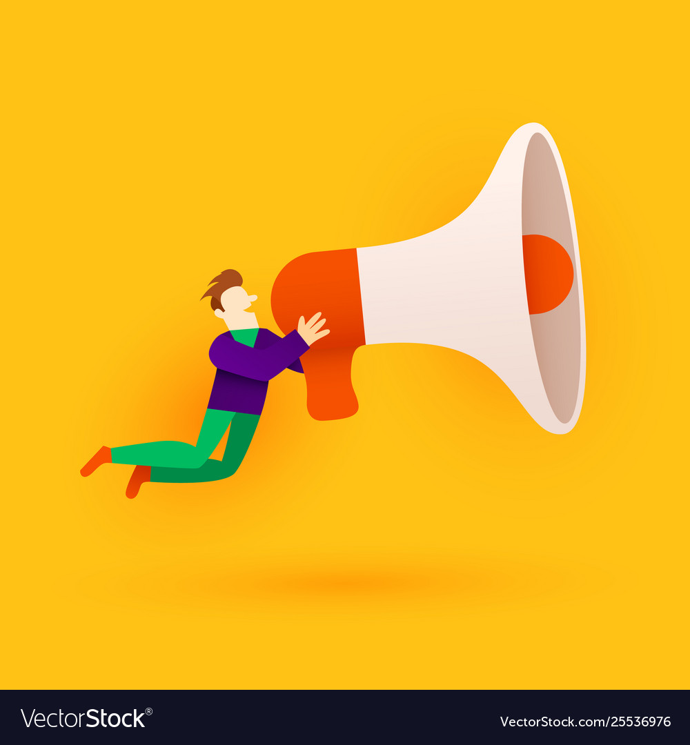 Small cartoon man with megaphone announcement Vector Image